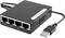 Egy fekete hálózati switch négy Ethernet-porttal, 1-től 4-ig számozva, valamint egy USB-csatlakozóval, amelyen tápellátás- és link-LED-ek láthatók.