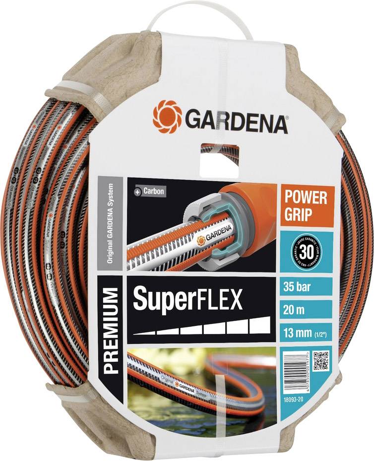 Gardena SuperFLEX kerti tömlő, 13 mm átmérő, 20 m hosszúság, 35 bar nyomásig alkalmazható, Power Grip profilú tapadáserősítő kialakítással.