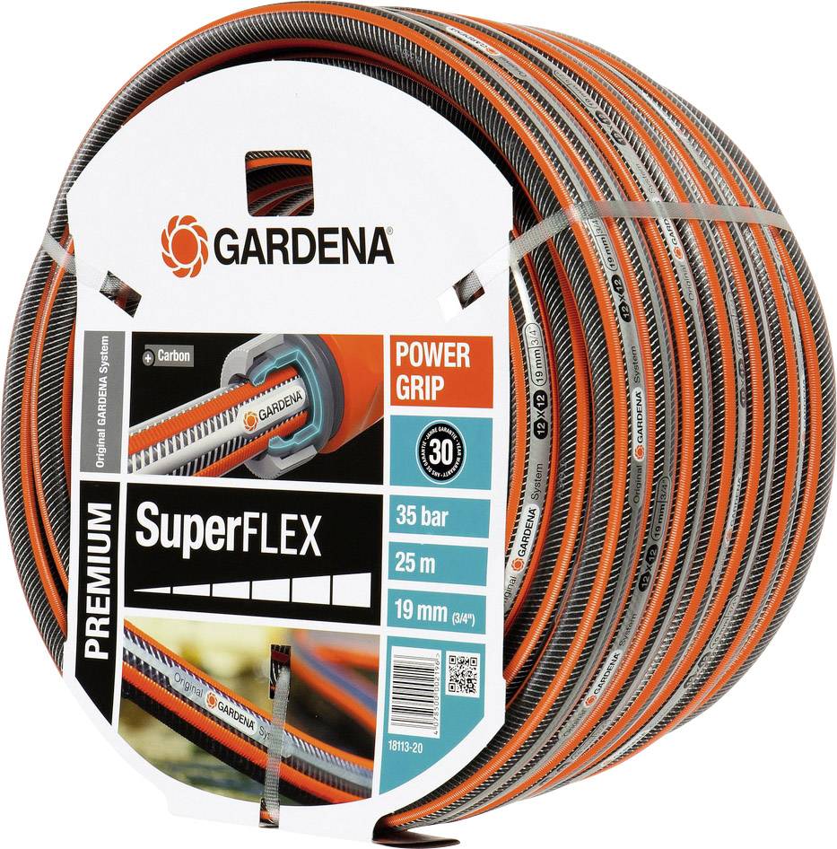 Gardena SuperFlex kerti tömlő, Power Grip, 35 bar nyomásálló, 25 m hosszúság, 19 mm átmérő, szénszálas megerősítéssel, narancs-fekete dizájn.