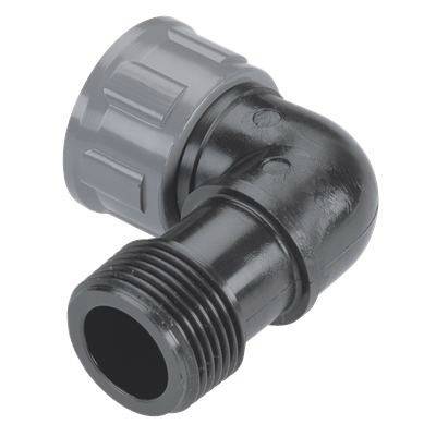 Egy fekete műanyag vízvezeték-csatlakozó, derékszögben meghajlítva, felső részén belső menetes, alsó részén külső menetes csatlakozással.