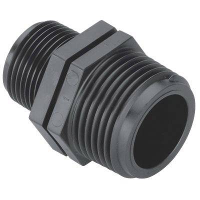Egy fekete műanyag csőcsatlakozó adapter hímmenetes véggel, alkalmas csövek vagy tömlők összekötésére.