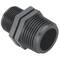 Egy fekete műanyag csőcsatlakozó adapter hímmenetes véggel, alkalmas csövek vagy tömlők összekötésére.