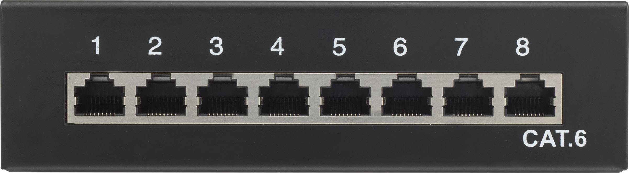 8 portos Ethernet-switch, portok 1-től 8-ig számozva, amelynek alsó jobb sarkában a 'CAT.6' jelölés látható.