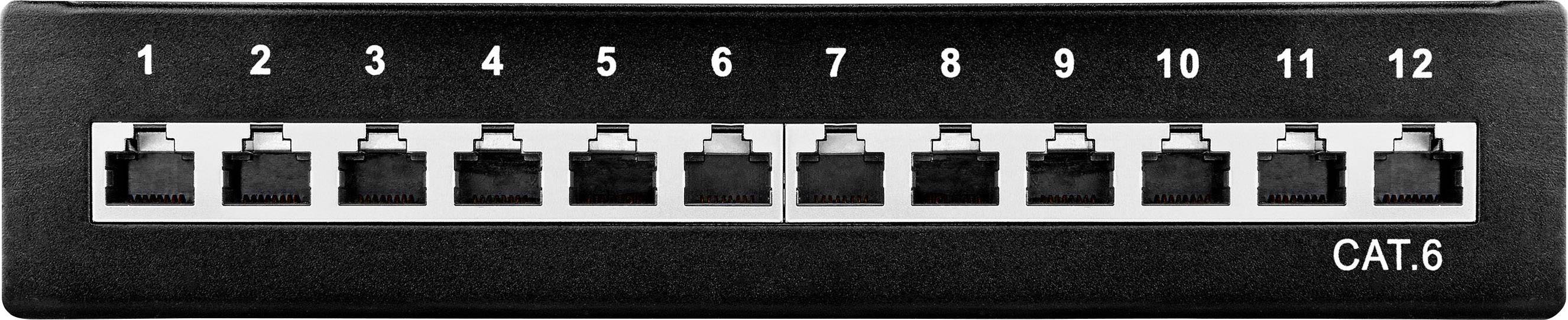 12 portos Ethernet-switch, 1-től 12-ig számozott portokkal, CAT.6-os kábelekhez.