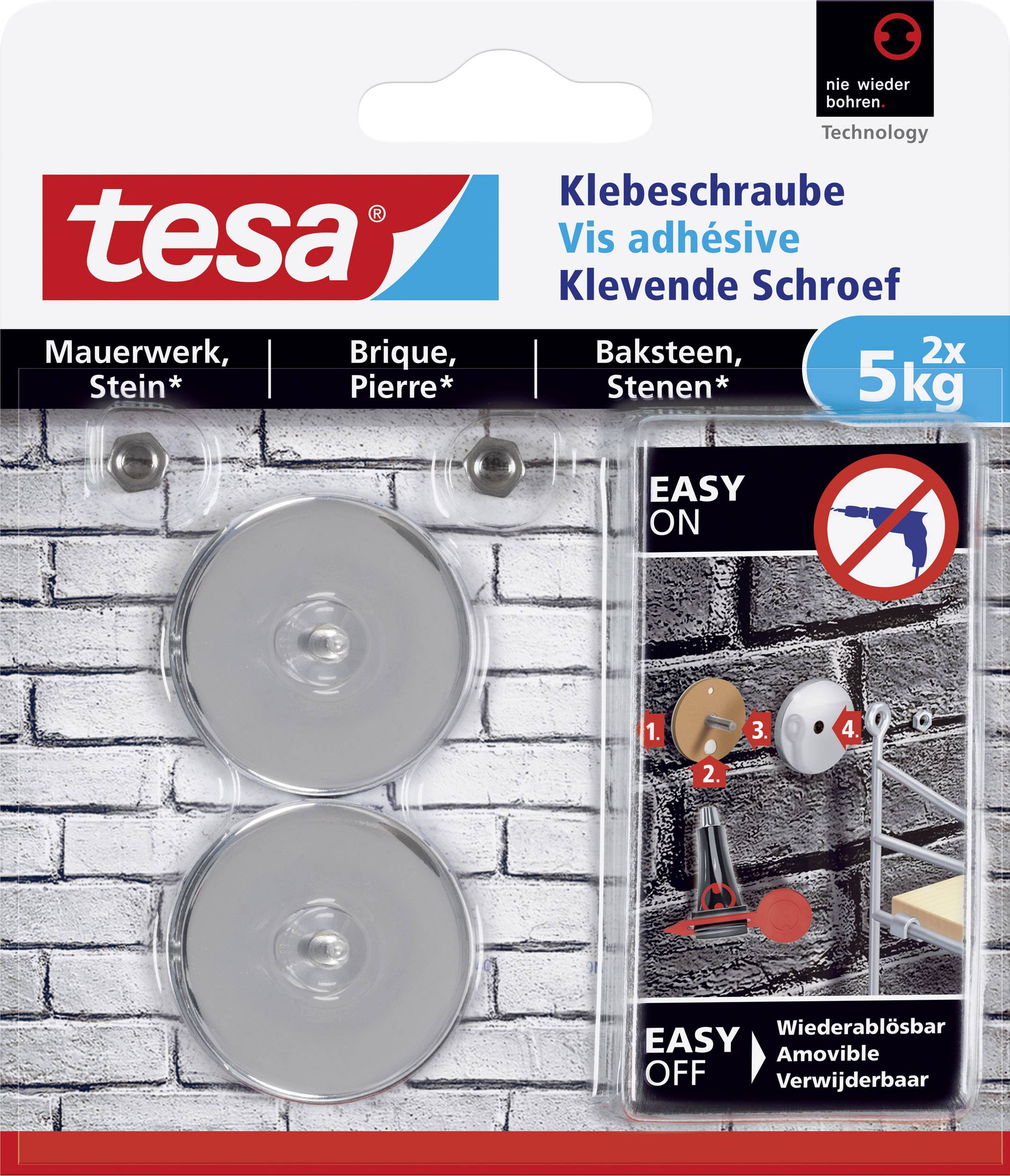 Tesa kőzetekhez való ragasztós csavar csomagolása. Két csavar képe, teherbírás legfeljebb 5 kg-ig. Négy nyelven írt szöveg, egyszerű használat.