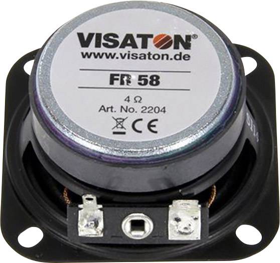 Egy 'VISATON FR 58' feliratú hangszóró, 4 Ohm, cikkszám 2204, fekete rögzítőlapon.