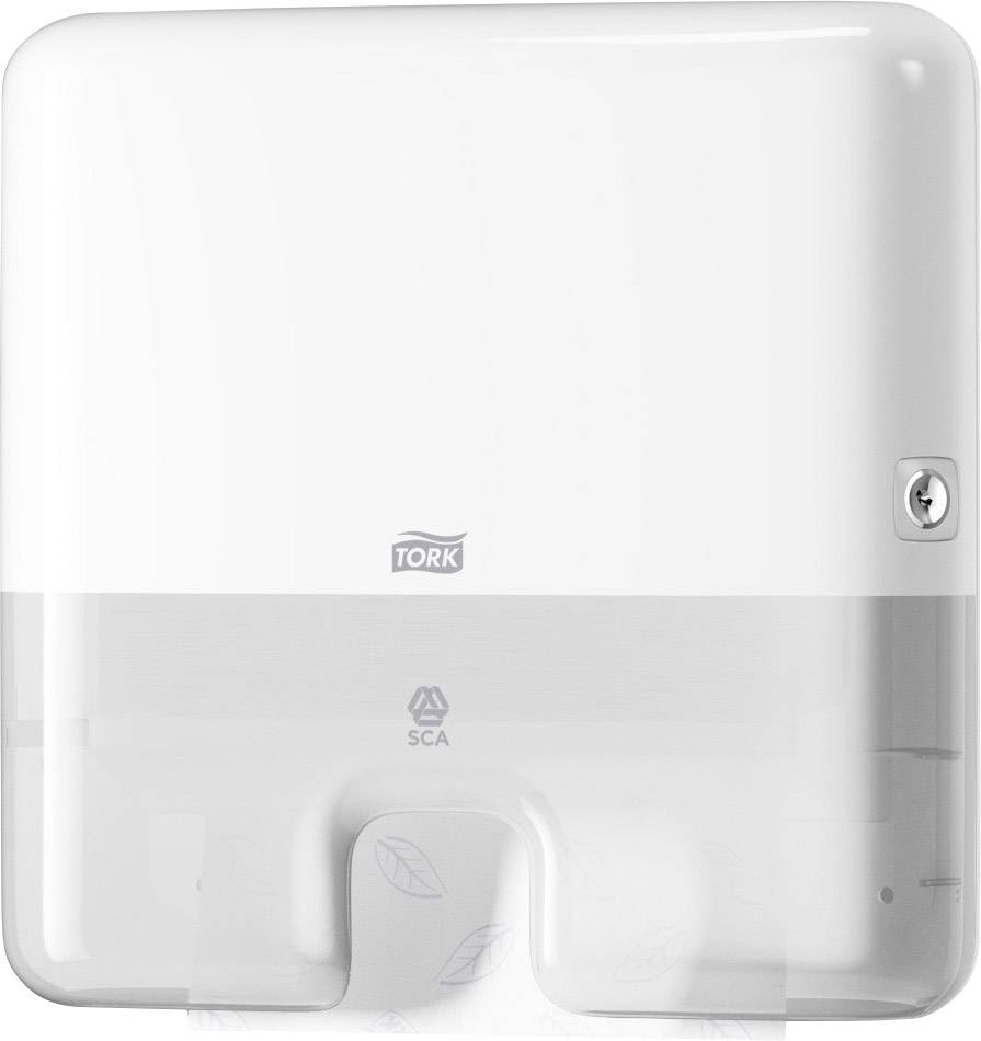 Fehér házban lévő papírtörlő-adagoló, falra szerelve, kézi működtetésű nyílással és a gyártó logójával a látható oldalán.