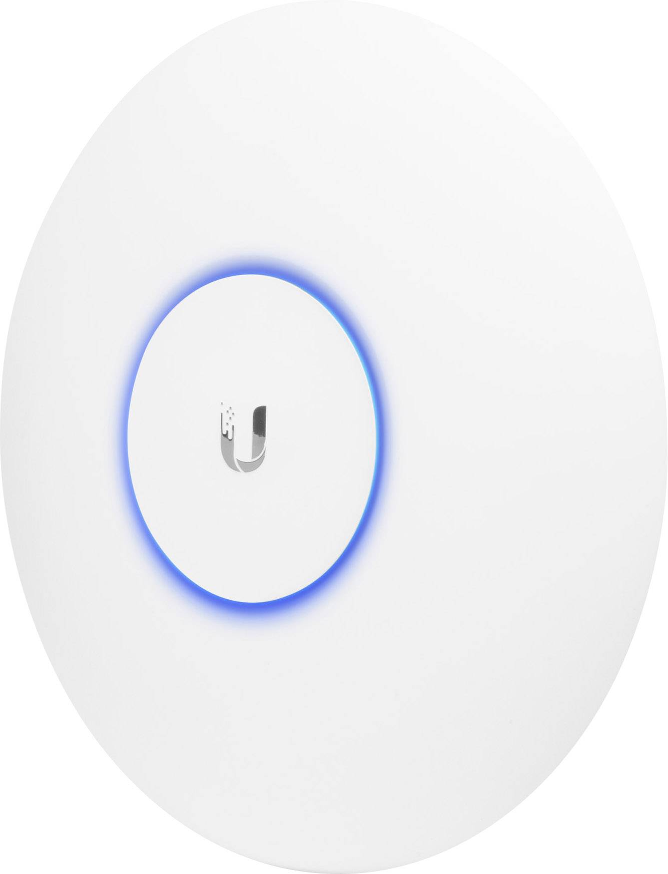 Kerek, fehér WLAN-hozzáférési pont eszköz, amelynek közepén kék LED-fénygyűrű övezi a logót.