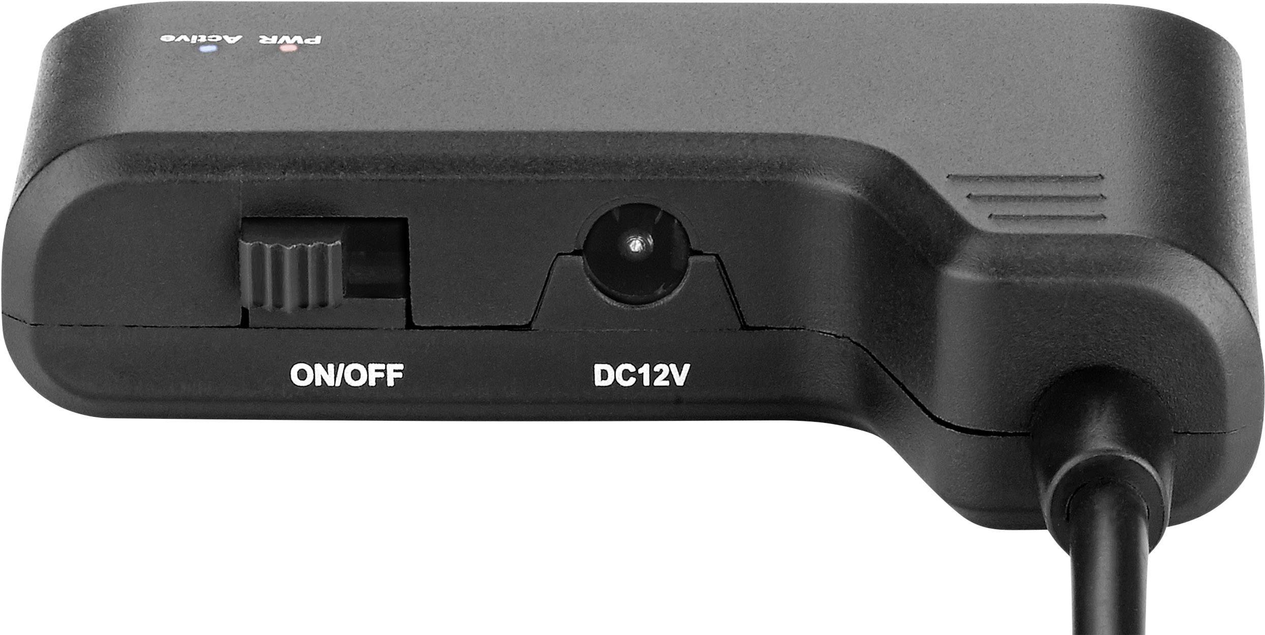 Egy fekete adapter kapcsolóval és csatlakozóval. Feliratozva 'BE/KI' és 'DC12V'. Tápellátási beállításokat mutat.