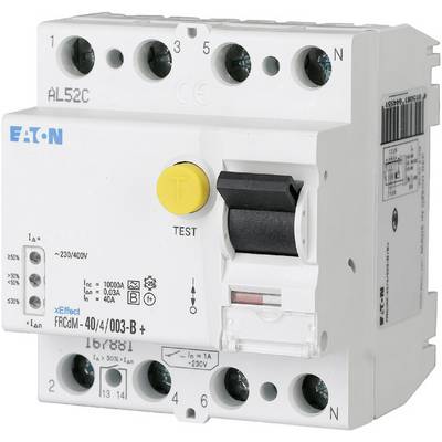 Egy hibaáram-védőkapcsoló tesztgombbal, karos kapcsolóval és 'Eaton FRCdM-40/4/003-B+' felirattal. Elektromos biztonság céljára használt eszköz.