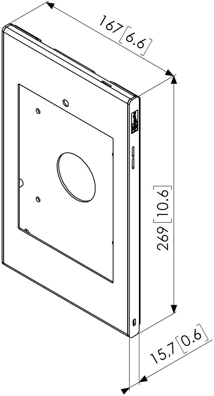 Műszaki rajz egy téglalap alakú eszközről a következő méretekkel: 167 mm szélesség, 269 mm magasság és 15,7 mm mélység.