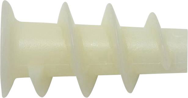 Közeli felvétel egy elefántcsontszínű, spirális bordákkal ellátott műanyag dübelről, amelyet falak rögzítéséhez használnak.