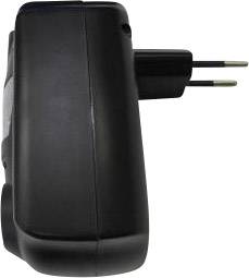 Egy fekete elektronikus eszköz oldalnézete európai (euro) típusú csatlakozódugóval, amely alkalmas európai fali aljzatokba történő csatlakoztatásra.