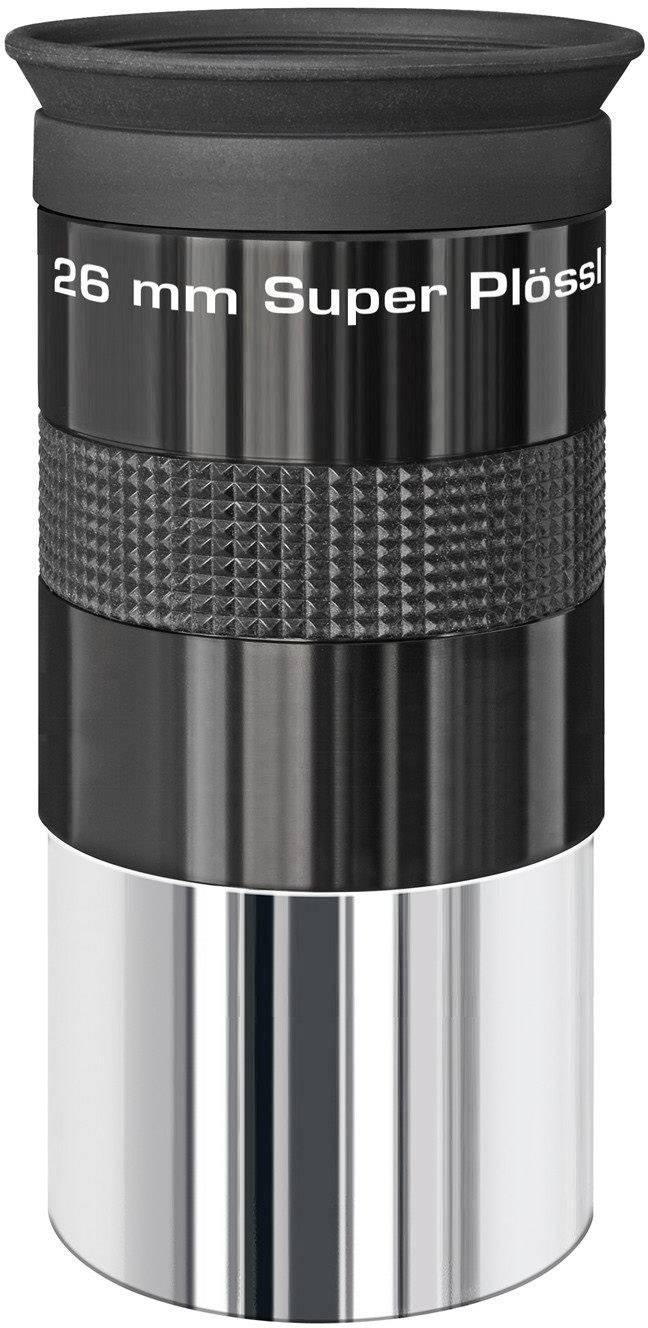 Egy 26 mm-es Super Plössl teleszkóp-okulár fekete és ezüst színben, recézett fogantyúval és fekete gumi szemkagylóval a jobb foghatóság érdekében.