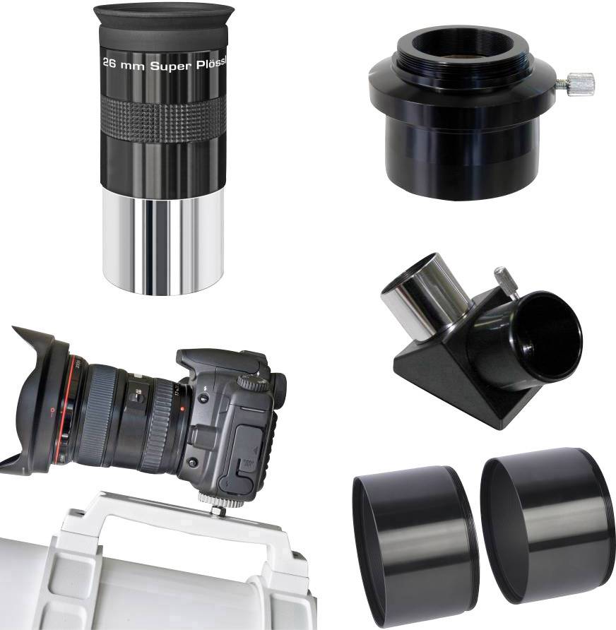 Távcsövek kiegészítői: egy okulár, egy kamera objektívvel, egy adapter és egy diagonális tükör. Mindennapi eszközök a megfigyeléshez.