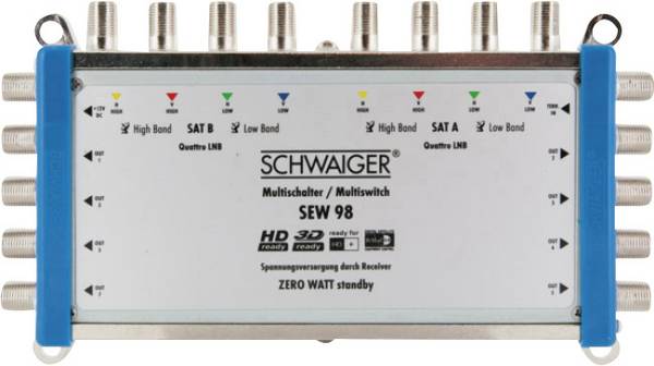 Schwaiger SEW98 531 Sat multikapcsoló Bemenetek (multikapcsoló): 9 (8 SAT/1 terresztikus) Résztvevők száma: 8 Készenléti funkció