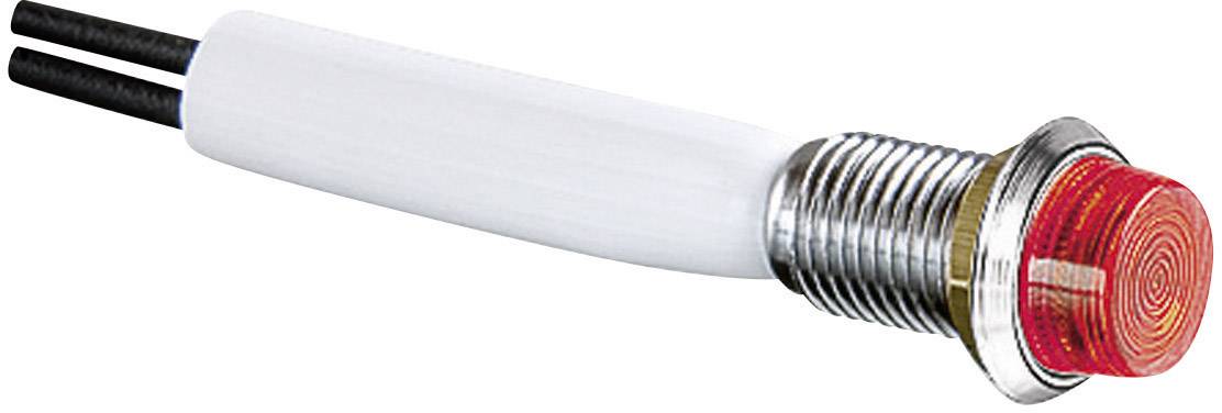 Egy piros LED-kijelző hengeres fémházban, két fekete csatlakozóvezetékkel, valószínűleg panelszereléshez.