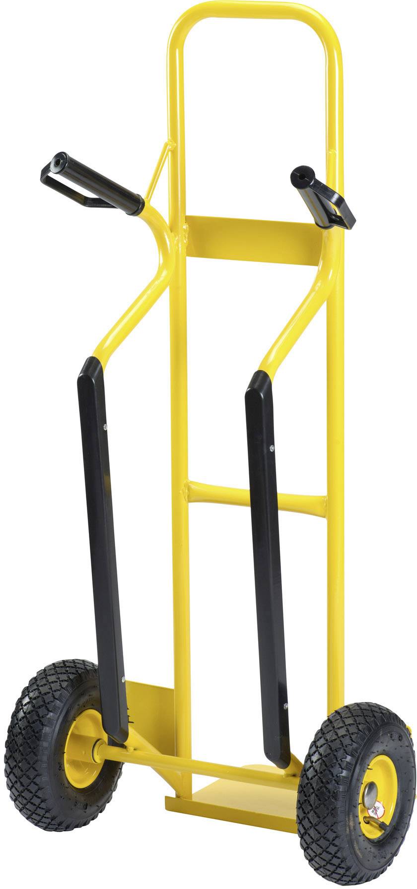 Sárga talicska fekete fogantyúkkal és kerekekkel. Alkalmas nehéz terhek vagy ládák szállítására.