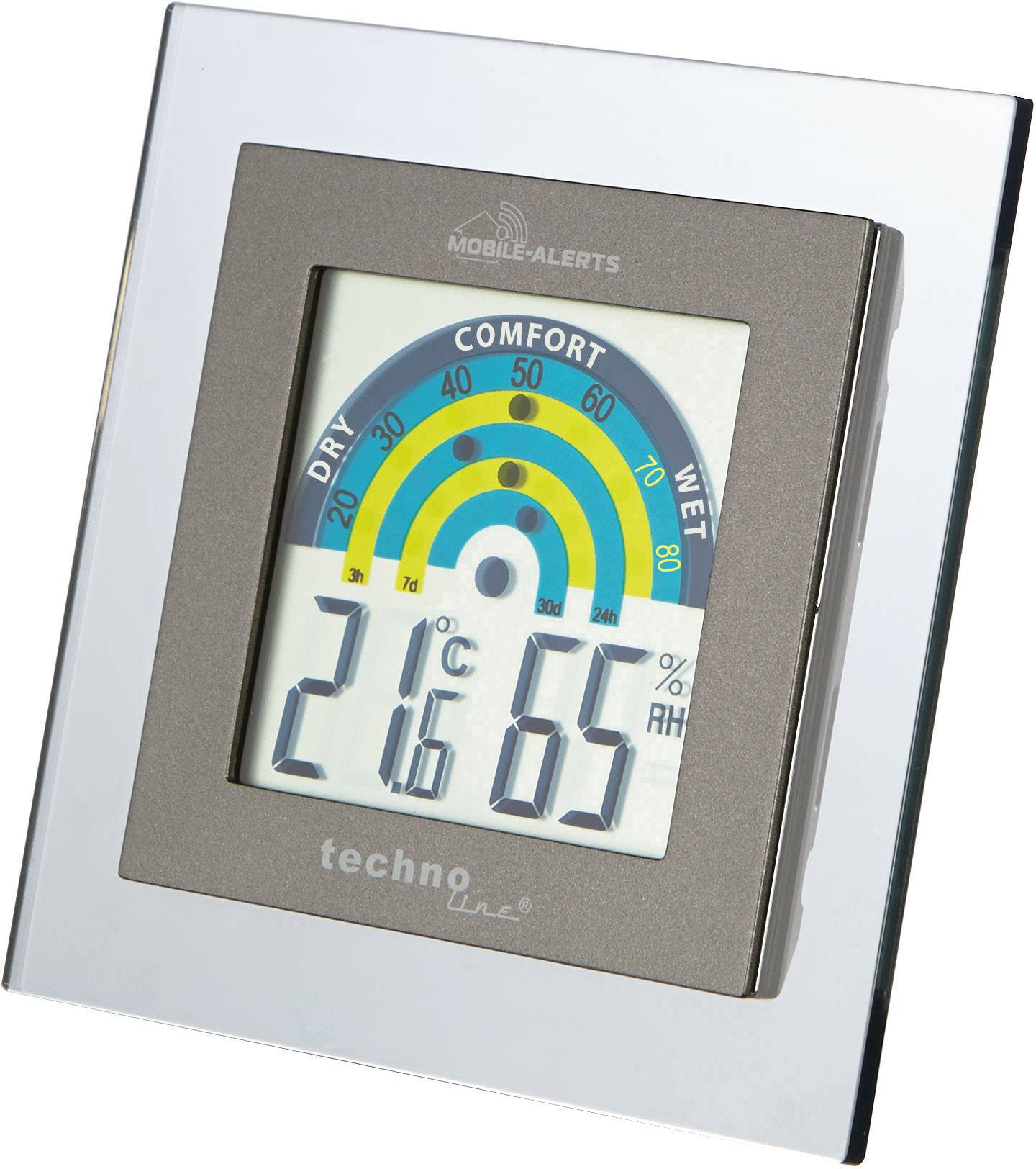Digitális termo-higrométer mutatja a hőmérsékletet 21°C-on és a páratartalmat 65%-on. Komfortszint-jelző színkódolással száraztól nedvesig.