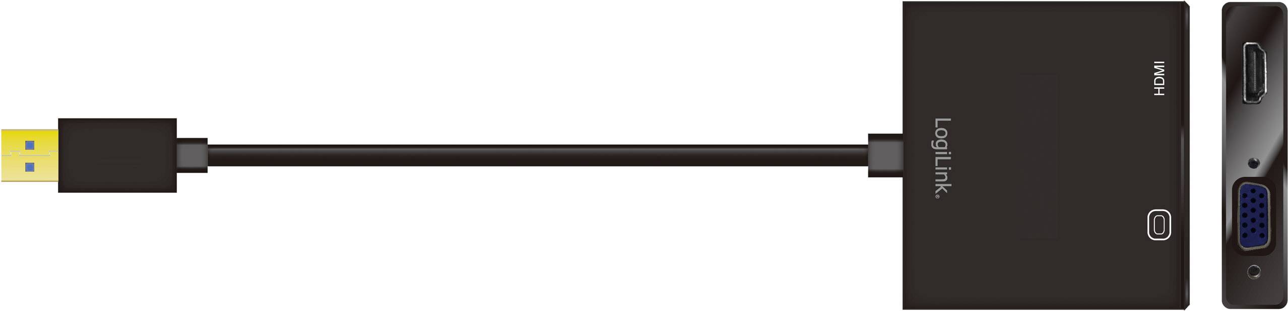 USB-HDMI és VGA adapter fekete színben, bemutatja a csatlakozókat és a kábel nyomvonalát. Az eszköz lehetővé teszi az USB-eszköz csatlakoztatását HDMI- vagy VGA-monitorhoz.