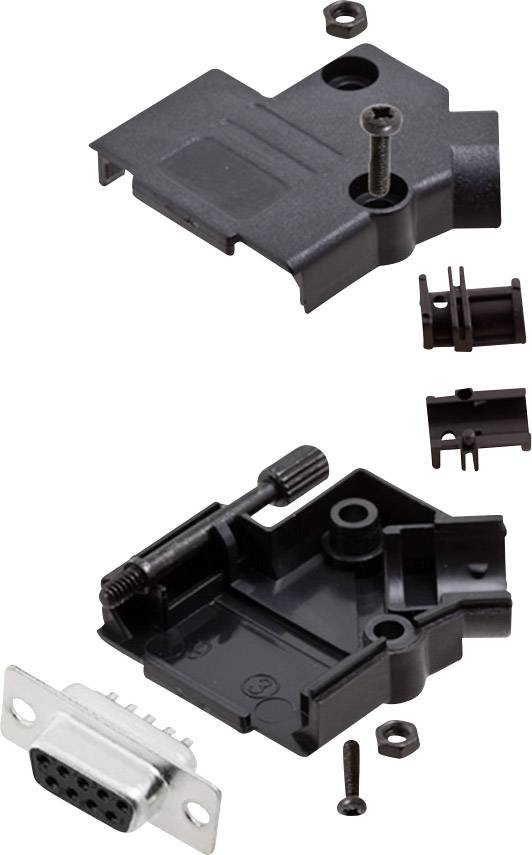 Egy 9 érintkezős D-Sub csatlakozó alkatrészei, amely műanyag házból, csavarokból és fém csatlakozóból áll.