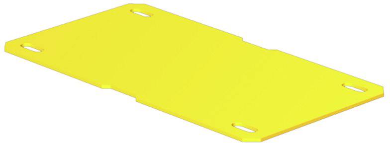 Sárga, téglalap alakú műanyag lemez lekerekített sarkokkal és négy ovális nyílással, valószínűleg hordozóként vagy platformként használva.