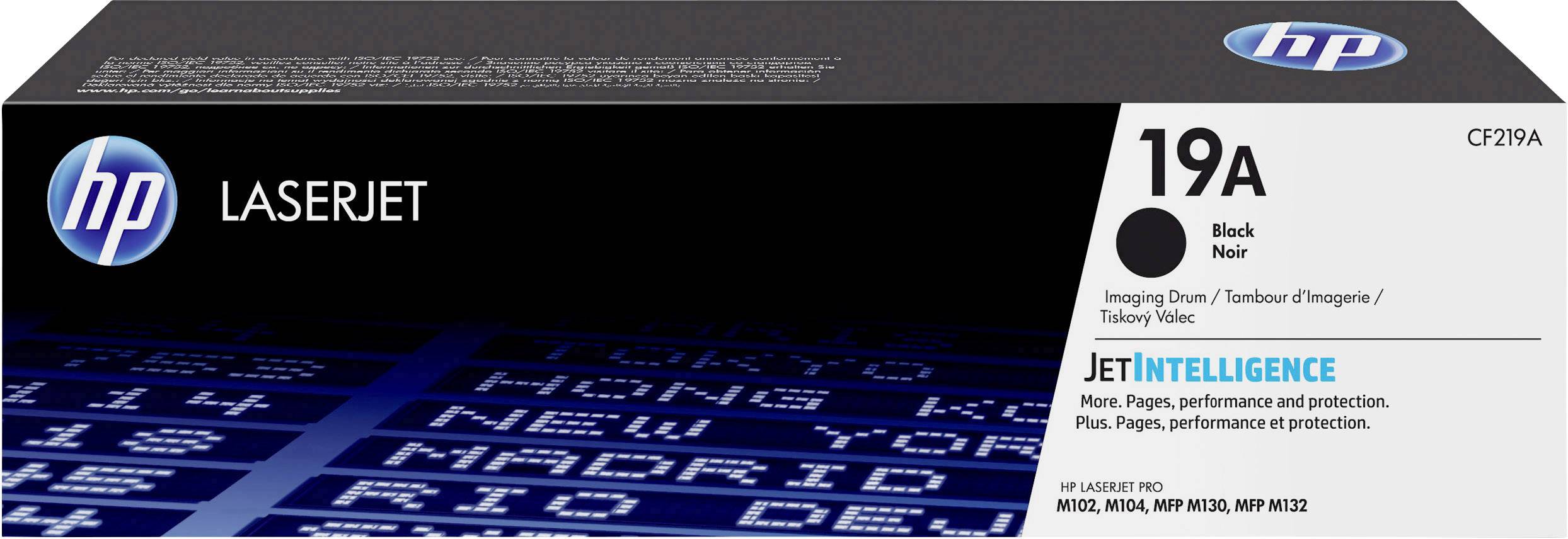 Egy fekete HP LaserJet 19A képhenger JetIntelligence technológiával, amely kompatibilis bizonyos HP nyomtatómodellekkel.