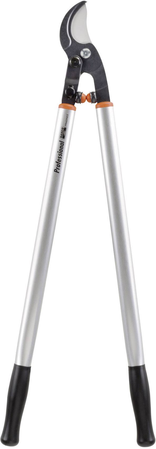 Kerti metszőolló hosszú nyéllel és fekete pengével, alkalmas vastag ágak és bokrok vágásához.