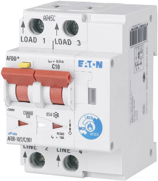 Egy Eaton típusú kombinált védőkapcsoló elektronikus alkatrészekkel és kapcsológombokkal. 'LOAD' felirattal és műszaki specifikációkkal ellátva.