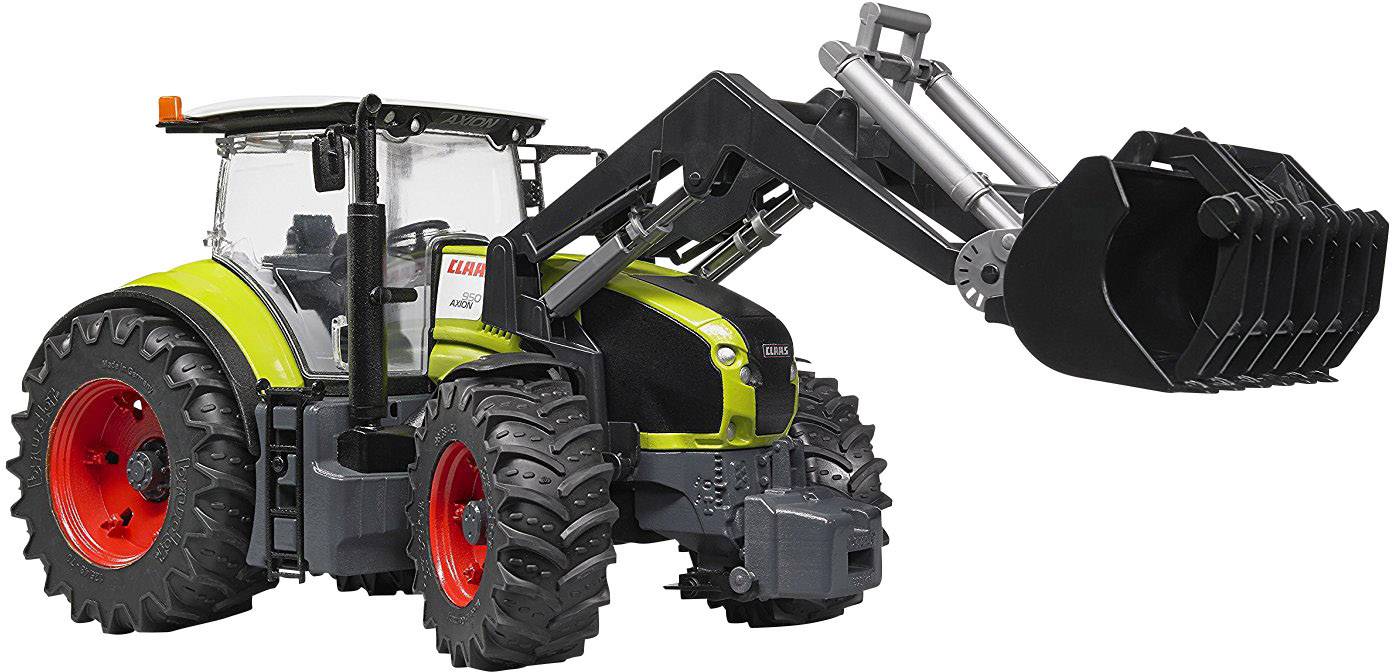 Zöld traktor homlokrakodóval munkavégzési helyzetben, piros kerekekkel.