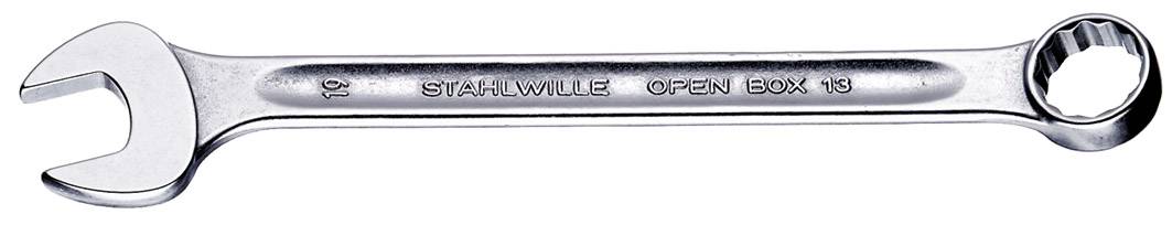 Egy ezüstszínű villáskulcs látható, amelyen az 'STAHLWILLE OPEN BOX 19' felirat olvasható, nyitott és villáskulcs végződéssel.
