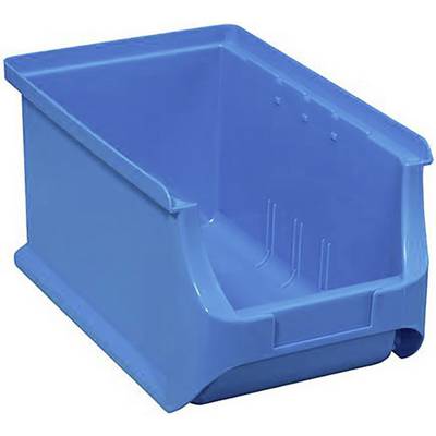 Egy kék műanyag tároló nyitott elülső résszel, kisebb tárgyak tárolására vagy rendszerezésére alkalmas.