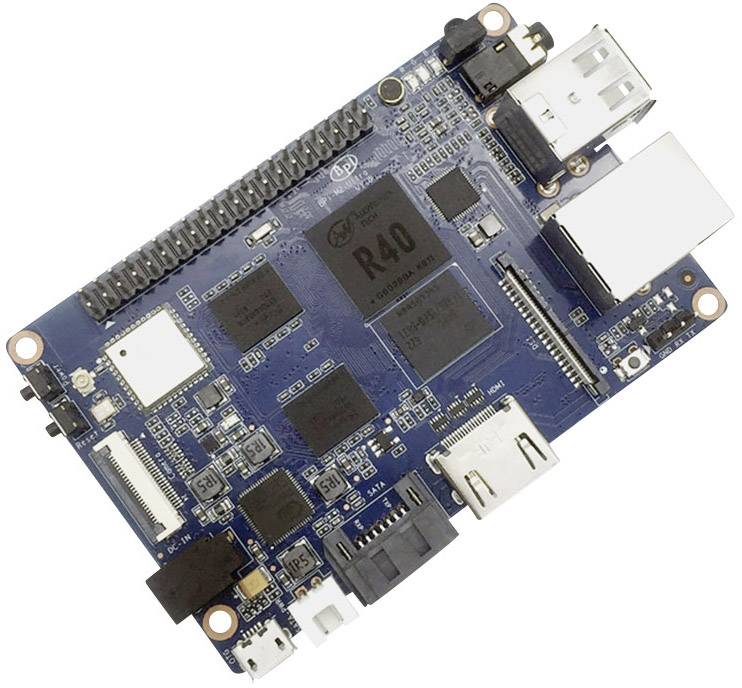 Egy egylapkás számítógép kék áramköri lapját mutatja, amelyen különböző csatlakozók és komponensek láthatók, többek között egy Ethernet-port és USB-aljzatok.