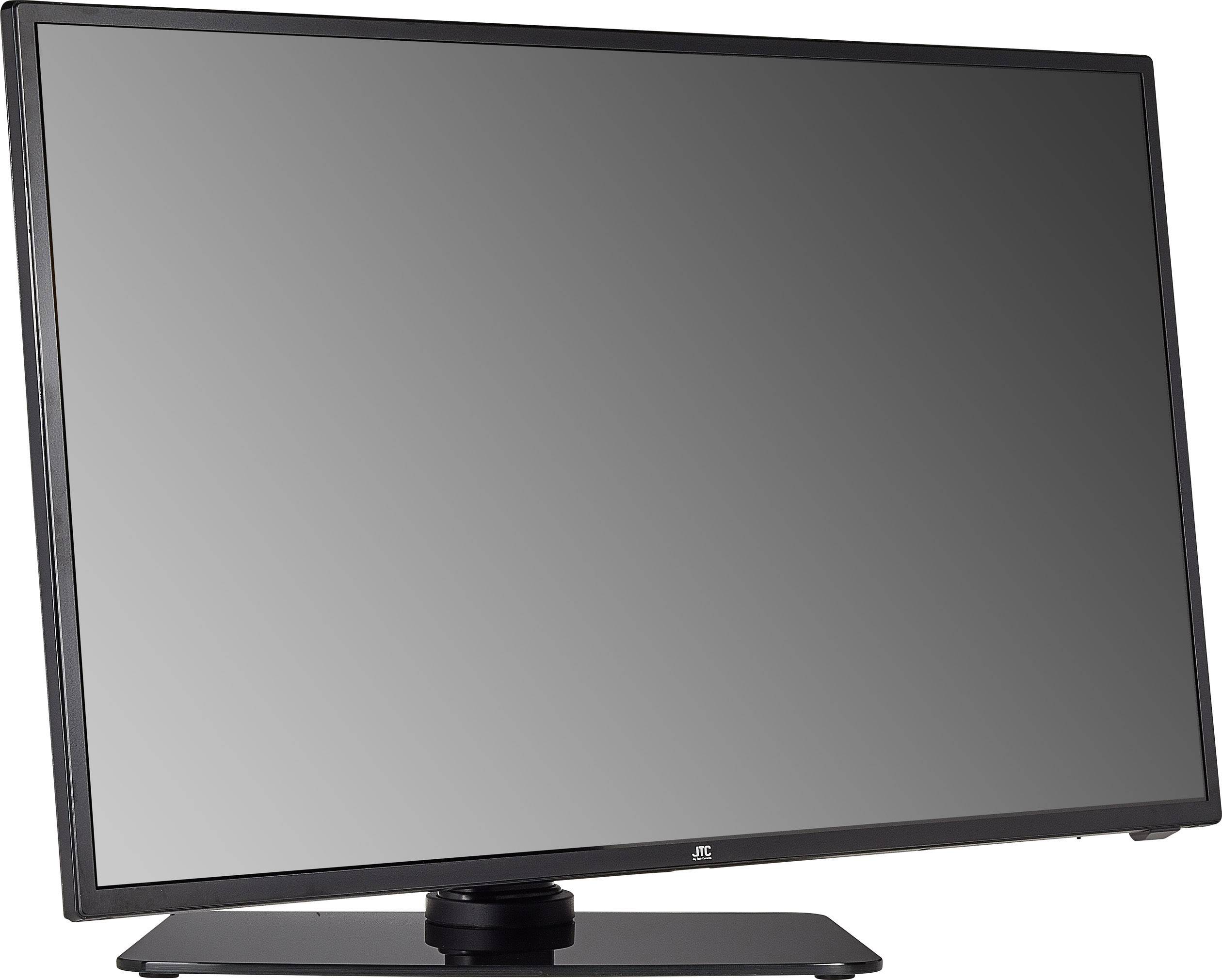 Lapos képernyős televízió fekete kerettel és képernyővel, enyhén balra megdöntve, téglalap alakú talapzaton.