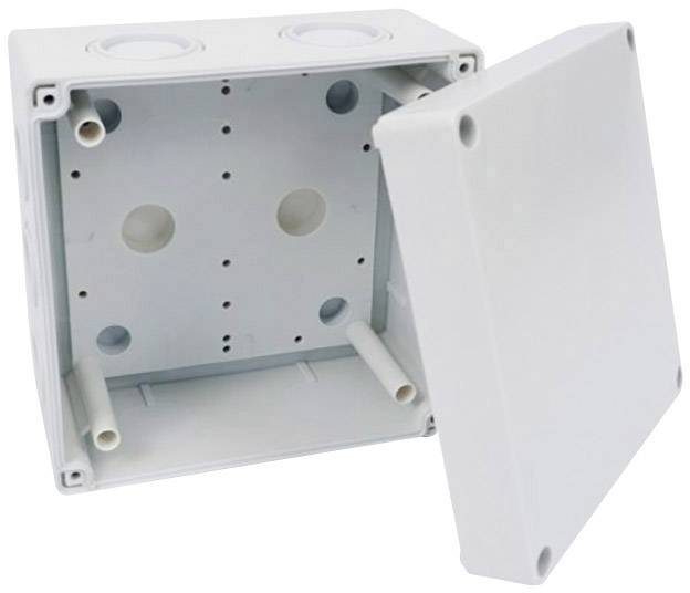 Fehér műanyag elosztódoboz levehető tetővel, amely belső kábelvezető csatornákat mutat.