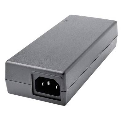 Fekete tápegység téglalap alakú formában, háromtűs csatlakozóval, amelyet gyakran elektronikai eszközöknél alkalmaznak.