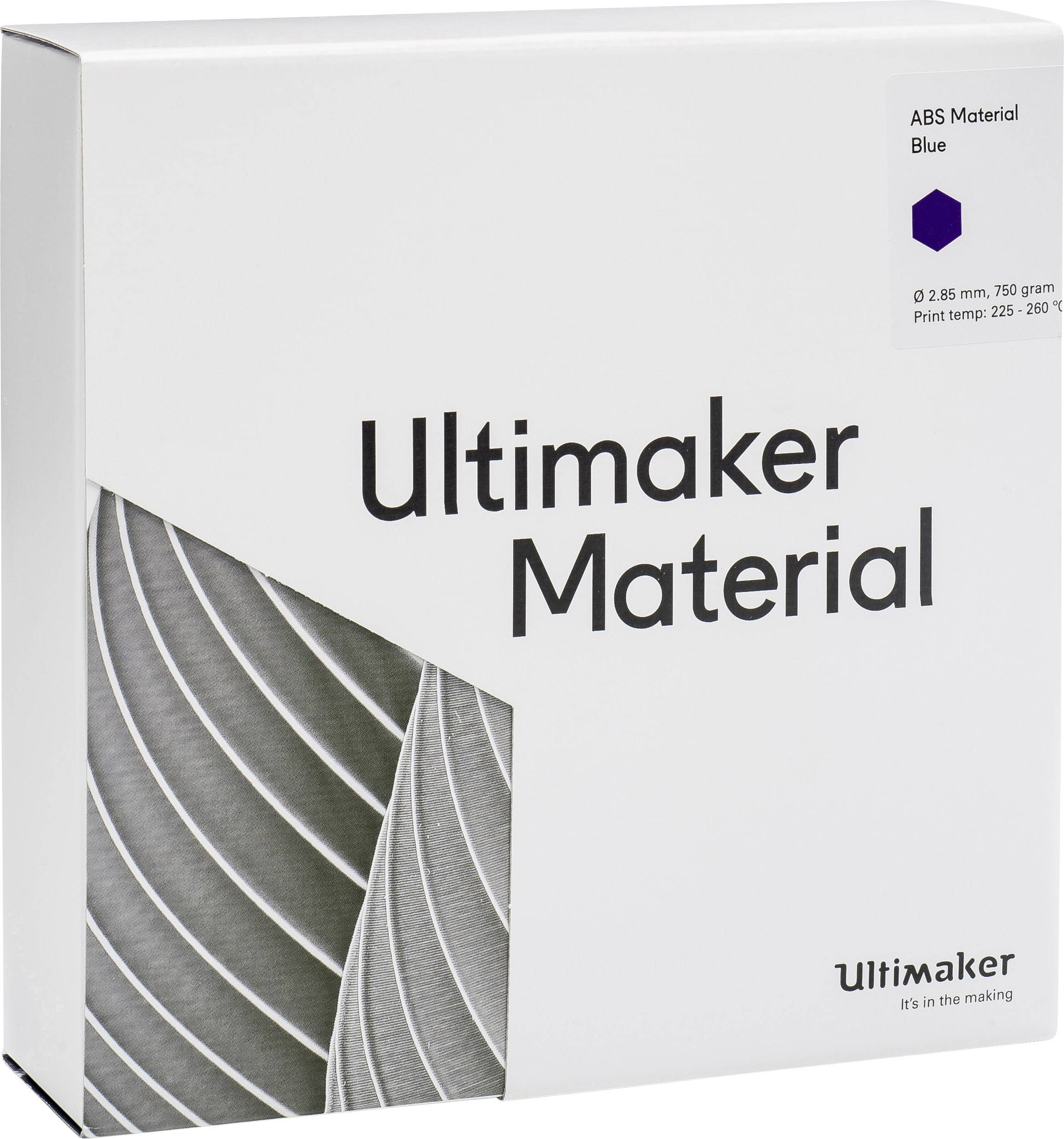 Ultimaker anyagdoboz, amelyen az 'Ultimaker Material' felirat szerepel. Tartalmaz ABS anyagot, kék színben, 750g mennyiségben, nyomtatási hőmérséklet 225-260°C.