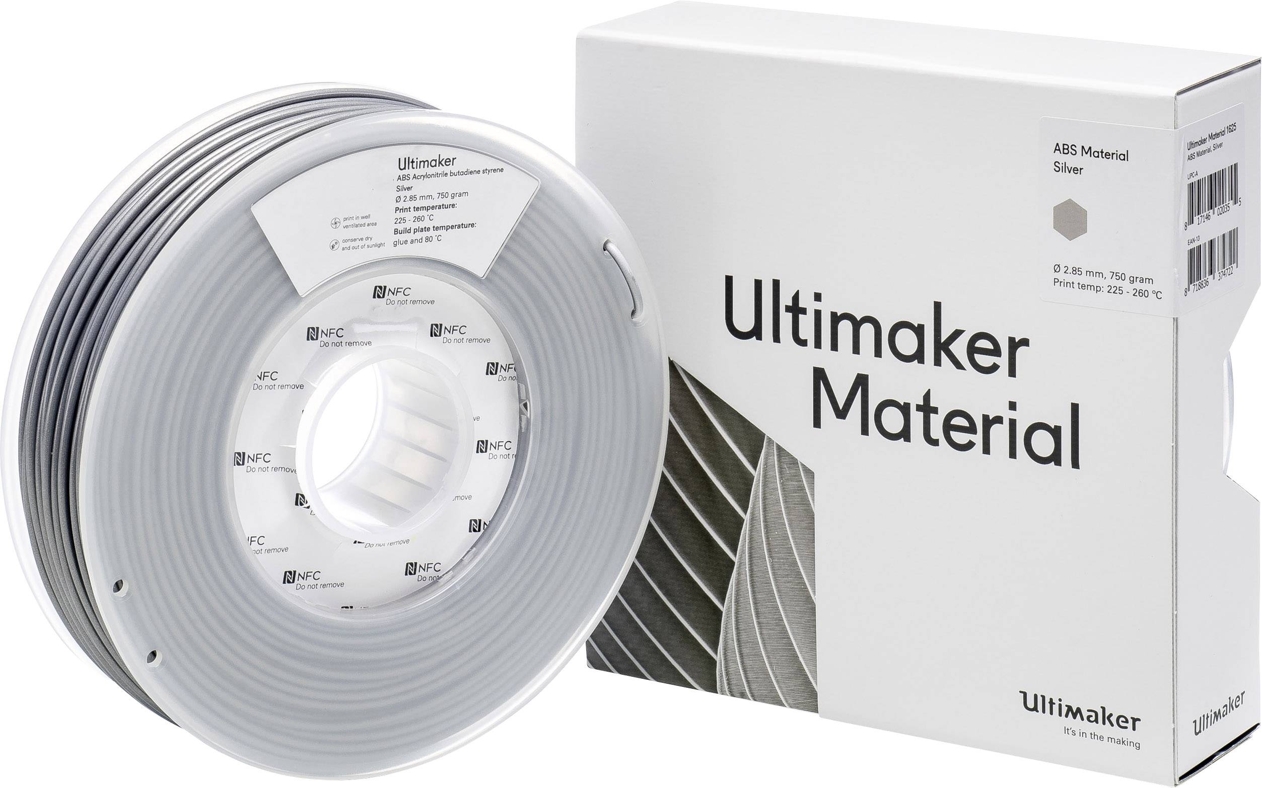Egy szürke ABS-anyagú 3D-nyomtató-szál tekercs áll egy hozzá illő Ultimaker márkájú csomagolás mellett.