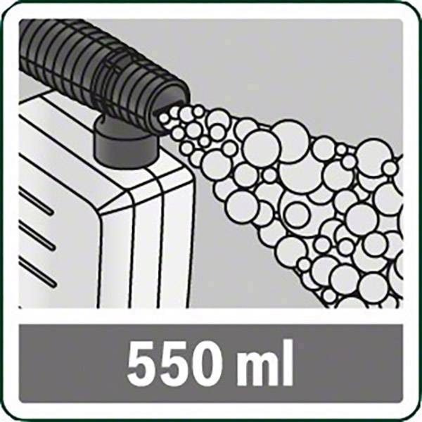 Egy illusztráció egy csövet mutat, amely habot permetez egy '550 ml' feliratú tartályból.