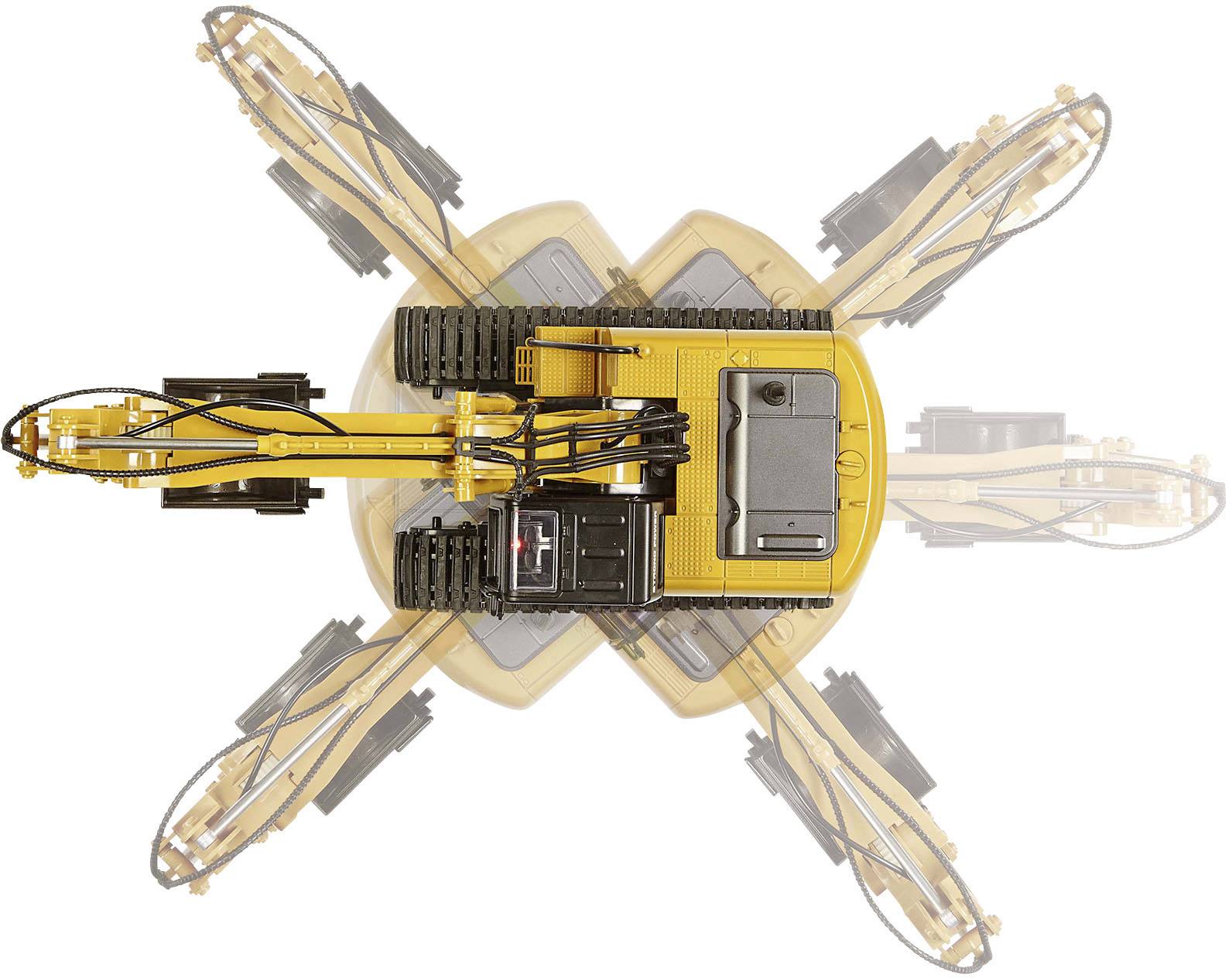 Felülről fotózott kotrógép, négy különböző pozícióban látható kanálmozgással, bemutatva a mozgásfolyamatot és a mozgástartományt.