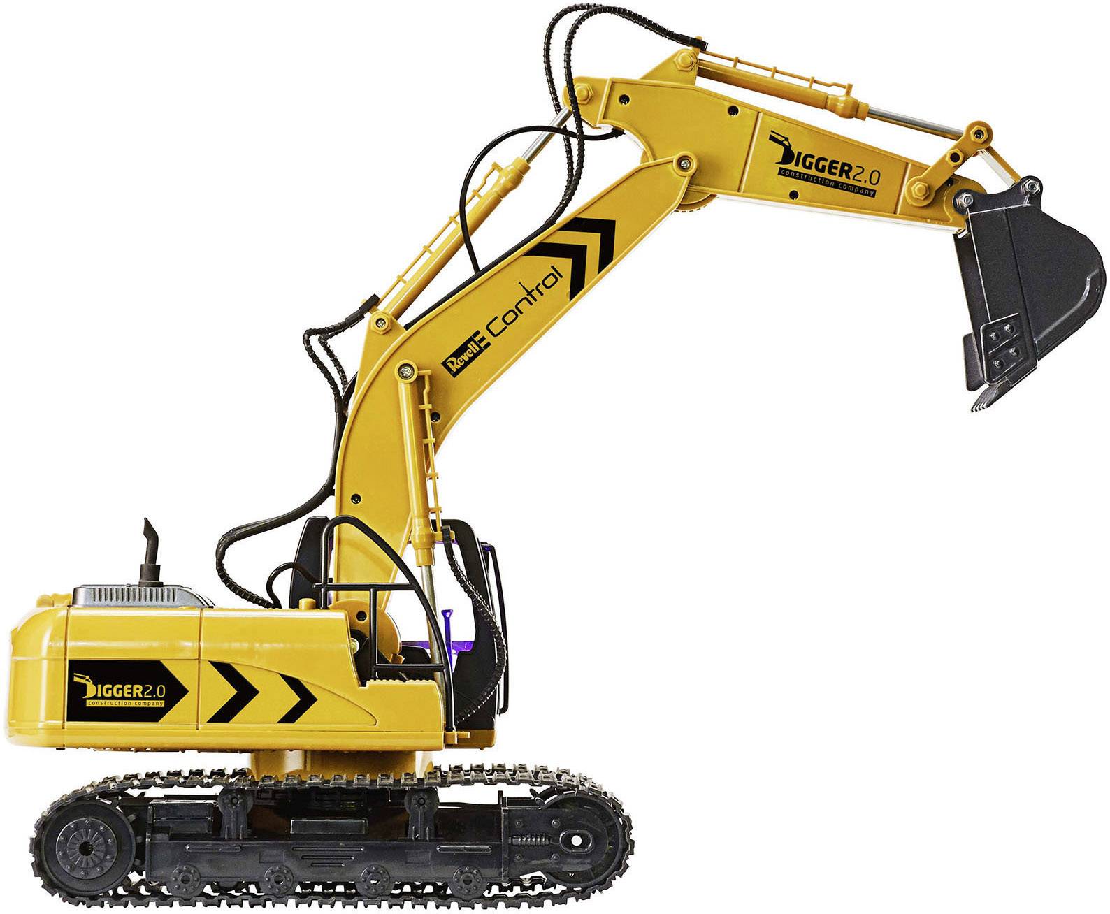 Sárga és fekete részletekkel ellátott, "Digger 2.0" feliratú játék kotrólapát, lánctalpakon, felemelt karral.