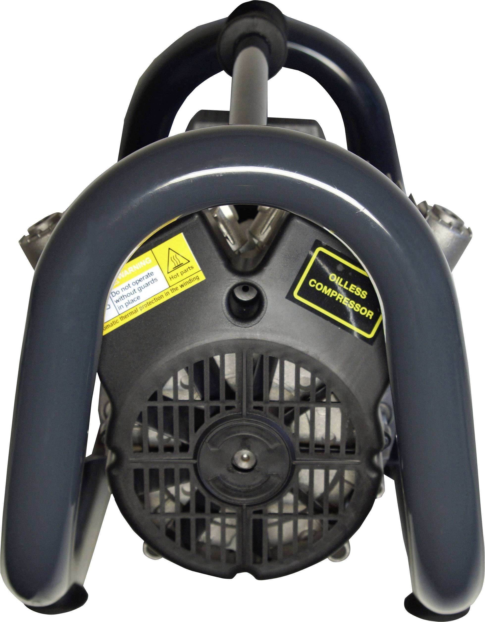 Egy olajmentes kompresszor közeli felvétele, amely a ventilátor kereket és a biztonságos használatra figyelmeztető táblákat mutatja.