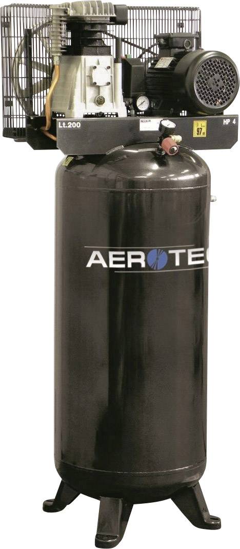 Egy nagy fekete kompresszor, amelynek tartályán 'Aerotec' felirat látható, tetején motorral és ventilátorral felszerelve.