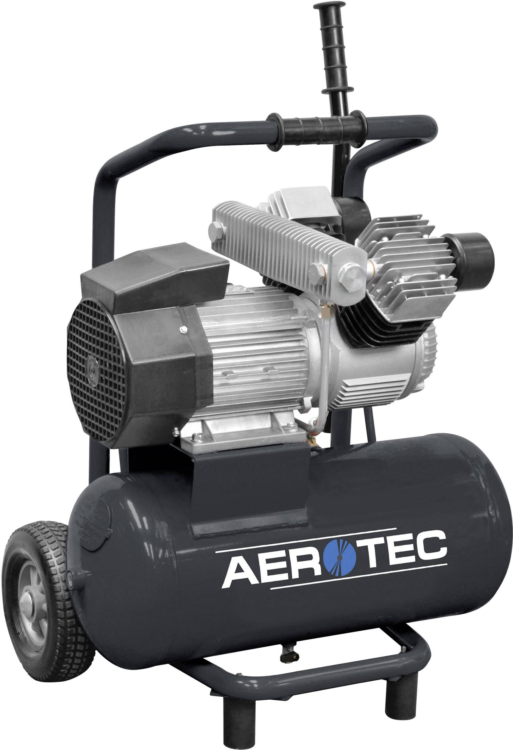Egy mobil kompresszor fekete tartállyal kerekeken, amelynek márkaneve 'AEROTEC' van a tartályra nyomtatva.
