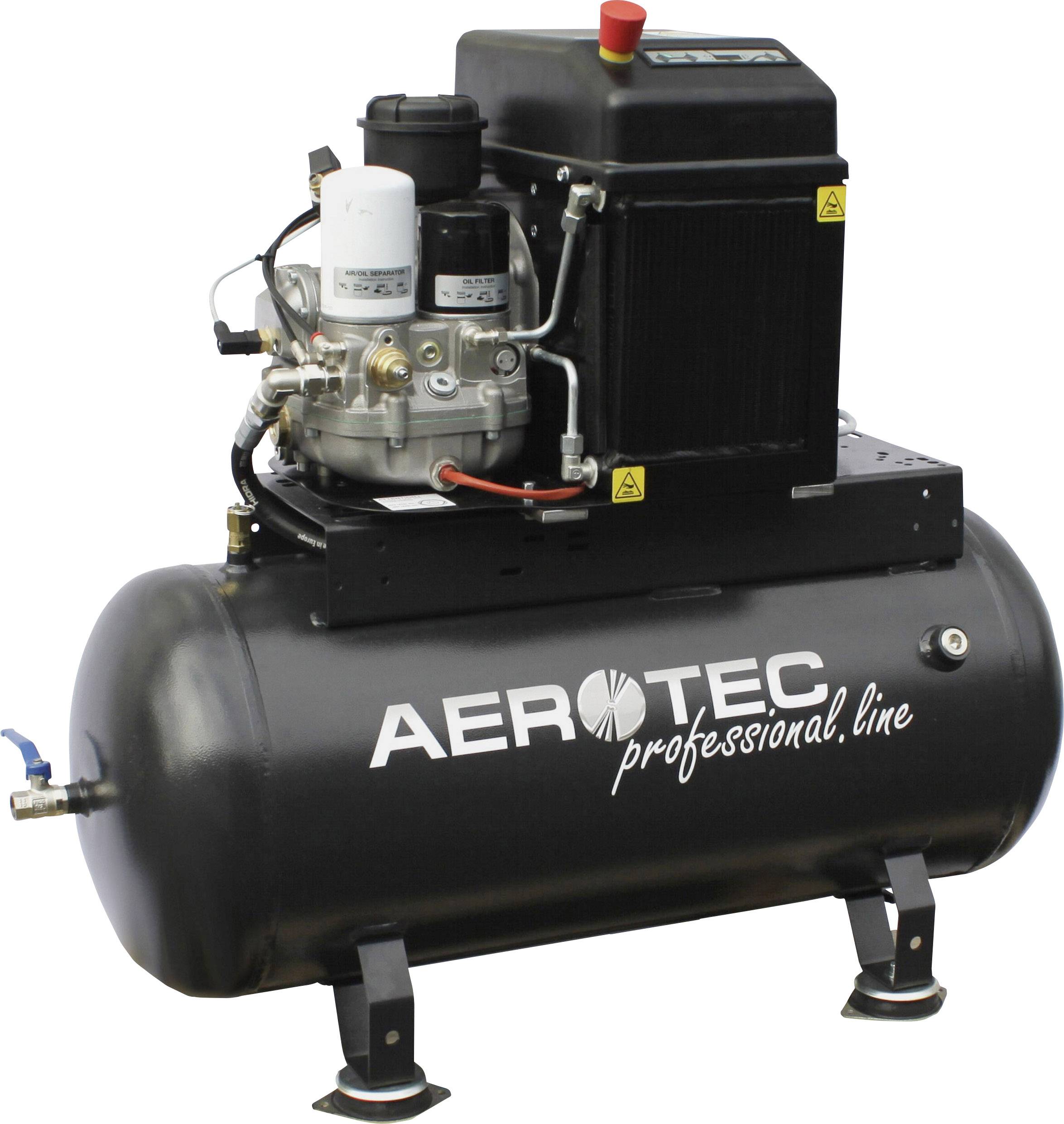 Fekete AEROTEC Professional Line légkompresszor ezüst motorral és piros elemekkel. Ipari felhasználásra alkalmas.