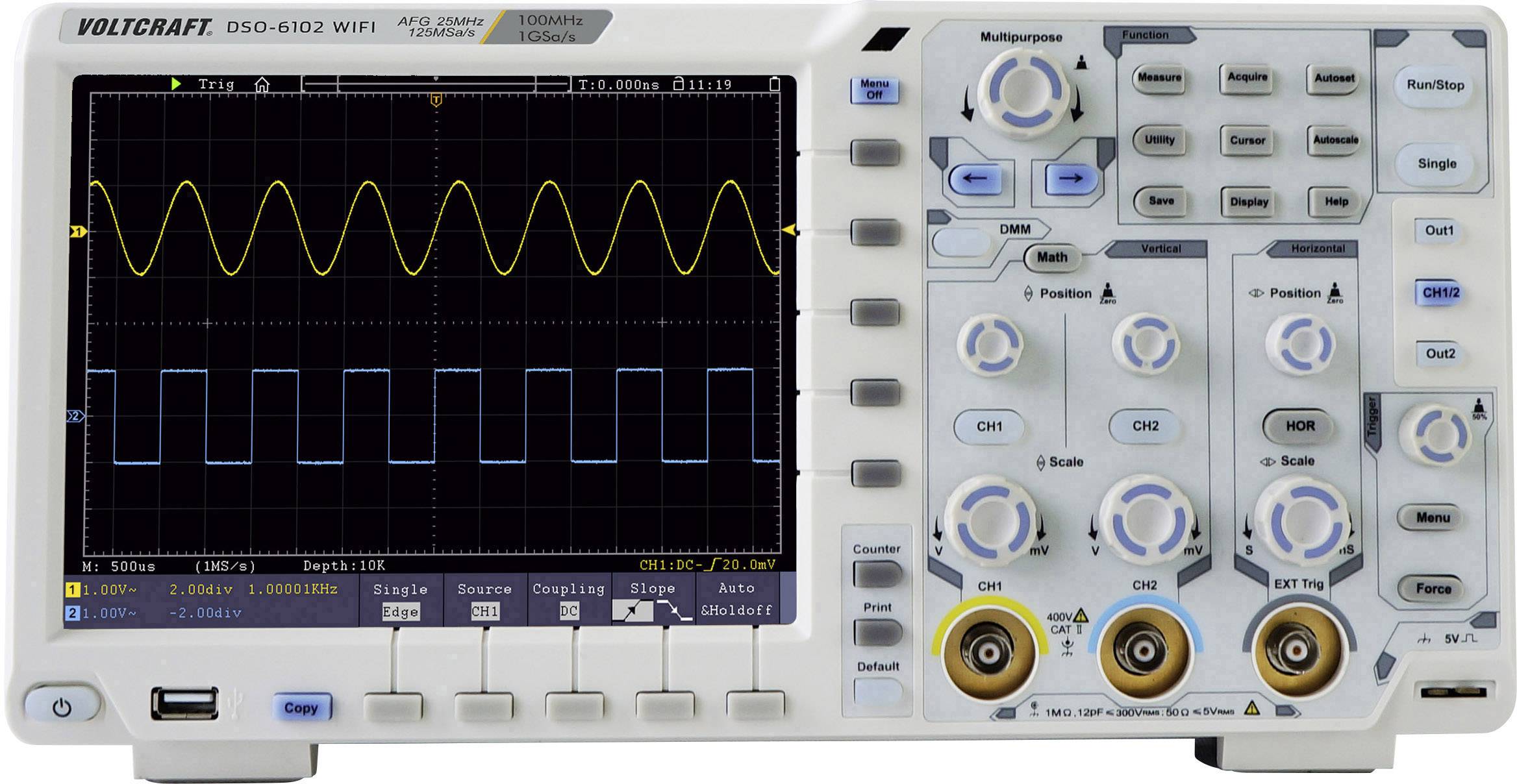 Digitális oszcilloszkóp 100 MHz 2 csatornás 1 GSa/s 40000 kpts 8 Bit, függvénygenerátor, multiméter funkciók, digitális memória, VOLTCRAFT DSO-6102WIFI