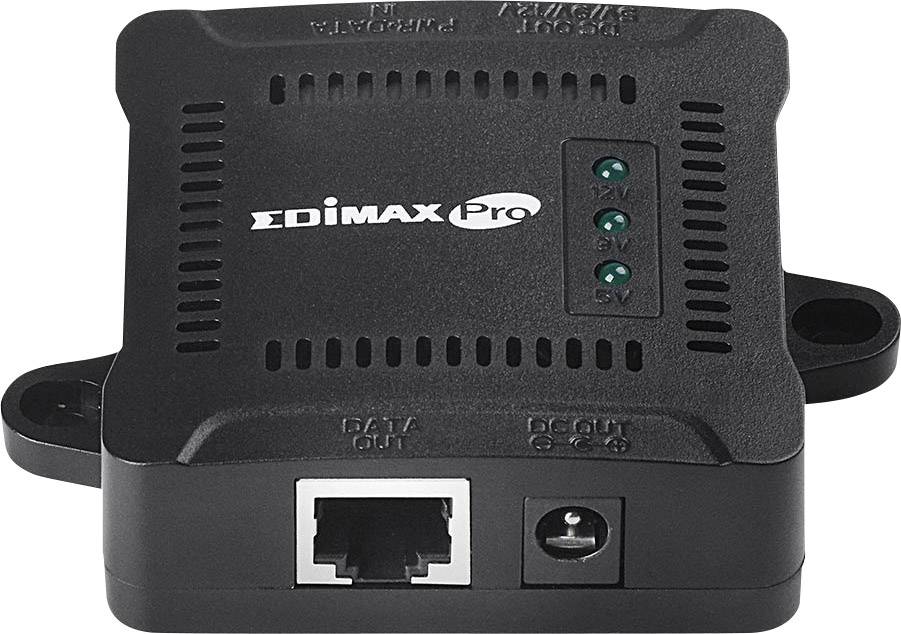 Egy fekete hálózati adapter több állapotjelző fénnyel a tetején, egy Ethernet-csatlakozóval és egy tápcsatlakozóval az elülső oldalán.