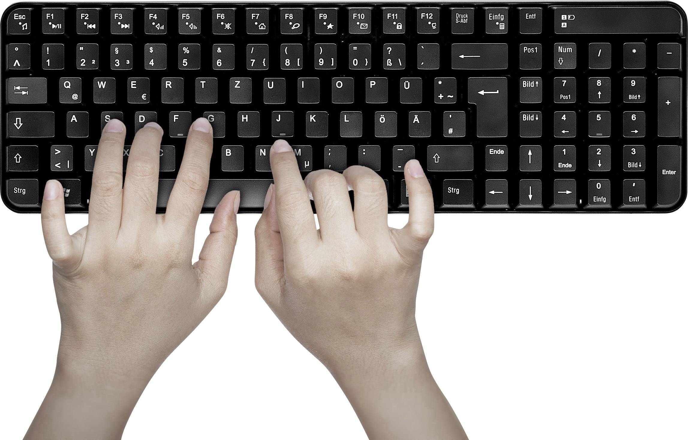 Két kéz gépel egy fekete számítógépes billentyűzeten. Az ujjak a középső billentyűsorokra összpontosítanak.