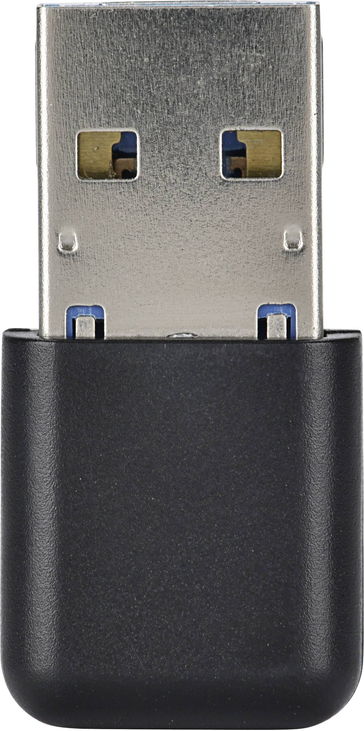 Egy USB-adapter közelképe. Látható a fém vég két csatlakozóval, alatta egy fekete műanyag ház.