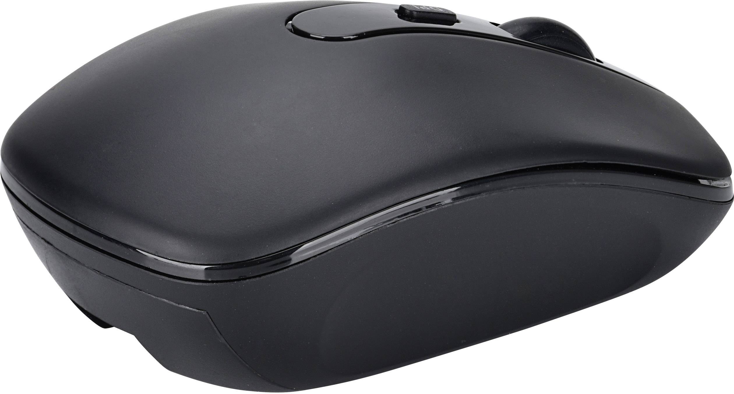 Vezeték nélküli fekete számítógépes egér két gombbal és görgetőkerékkel, oldalnézetben.